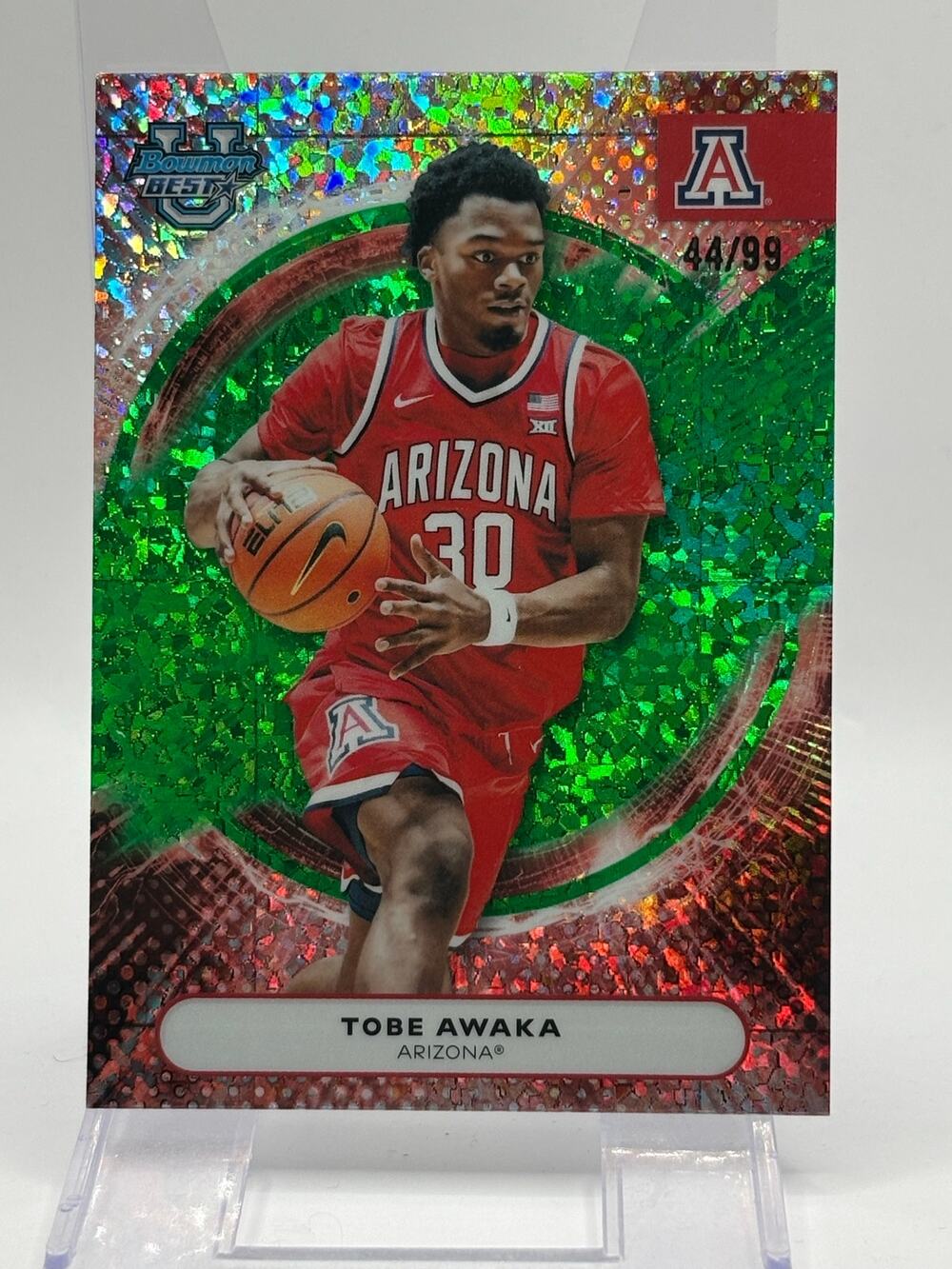 2025-26 Bowman Best University Tobe Awaka Green Mini Diamond Refractor 44/99 SP